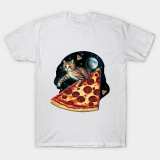 Explorer cat riding a slice of pizza in space T-Shirt